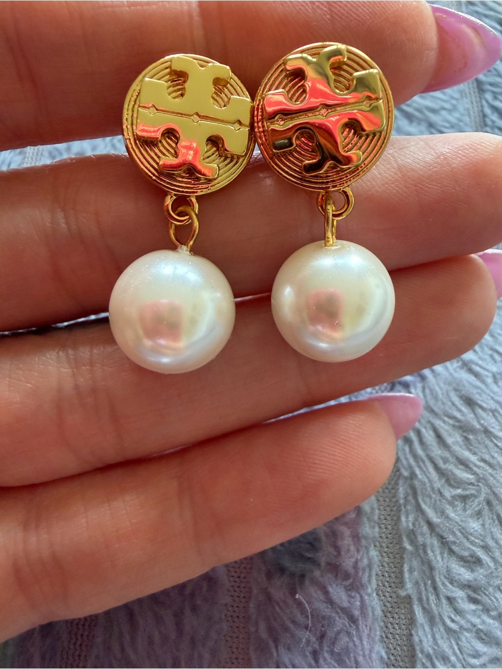 Tory Burch Gold Logo Drop Earrings with Pearl Drops